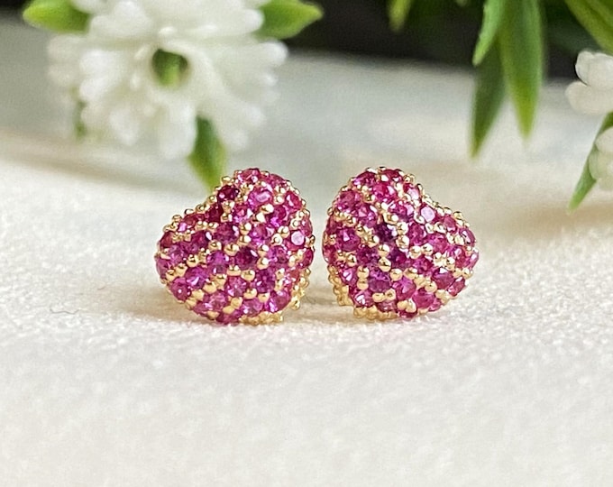 Vintage 14K Solid Yellow Gold Ruby Heart Stud Earrings
