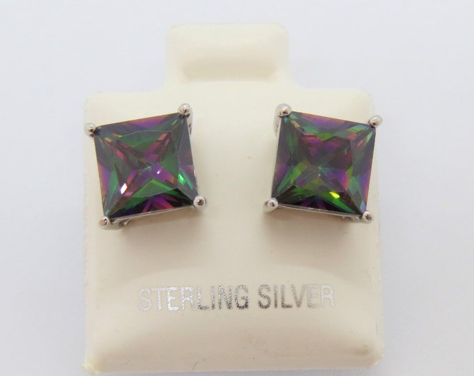 Vintage Sterling Silver Square cut Rainbow Topaz Stud Earrings 8MM