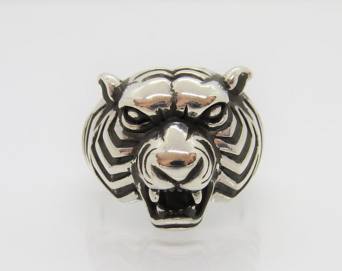 Vintage Sterling Silver Tiger Head Men's Ring Size 9