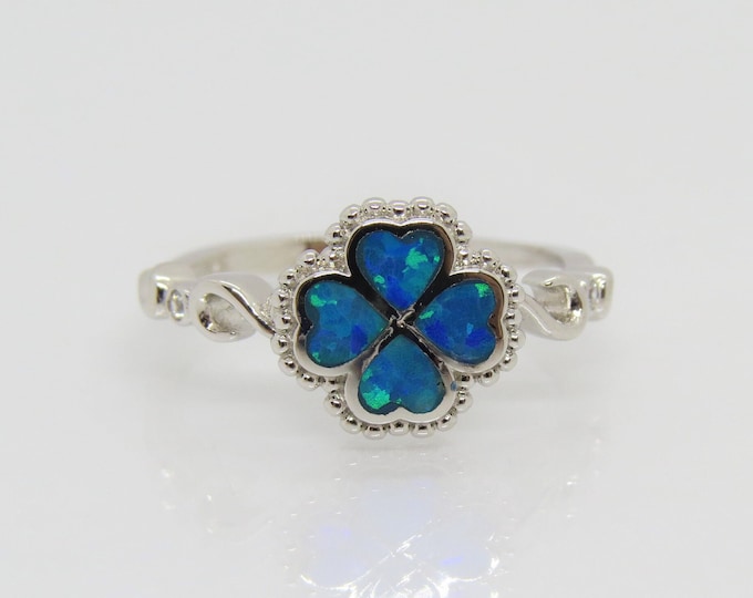 Vintage Sterling Silver Blue Opal & White Topaz Clover Ring Size 7