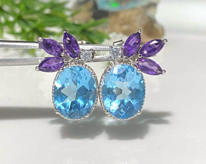 Vintage Sterling Silver Natural Aquamarine, Amethyst & White Topaz Earrings