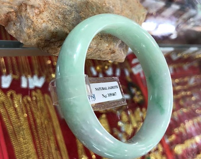 Vintage Translucent Natural Green, White Jadeite Jade Bangle Bracelet 55.9MM