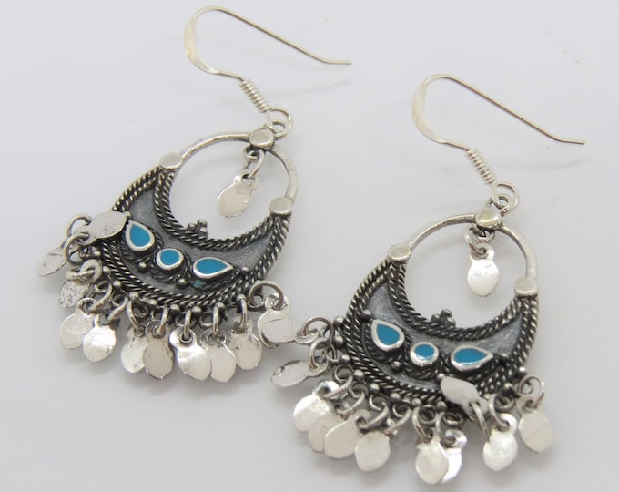 Vintage Bali Sterling Silver Turquoise Dangle Earrings