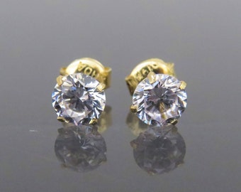 Vintage 18K Solid Yellow Gold Round cut White Topaz Stud Earrings