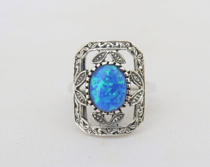 Vintage Sterling Silver Blue Opal Filigree Ring Size 7