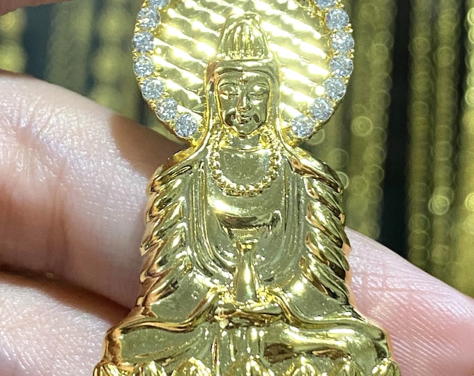 Vintage 15K 610 Solid Gold White Topaz Kwan Yin, Guang Zhou Buddha Pendant. Mat Phat Ba Quan Am.