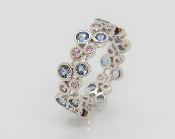 Vintage Sterling Silver Aquamarine & Pink Topaz Wedding Band Ring Size 8