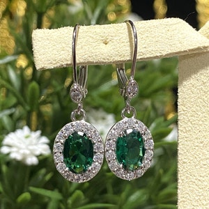 Vintage Sterling Silver Emerald & White Topaz Dangle Earrings.