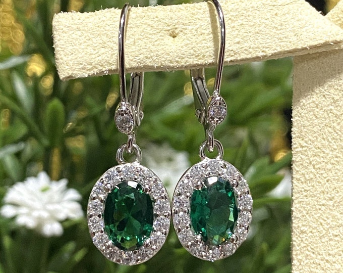 Vintage Sterling Silver Emerald & White Topaz Dangle Earrings.