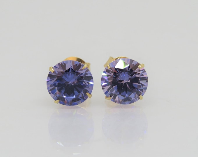 Vintage 18K Solid Yellow Gold Round cut Tanzanite Stud Earrings 7MM
