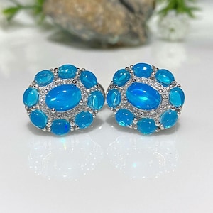 Vintage Sterling Silver Natural Oval cut Blue Opal & White Topaz Earrings.