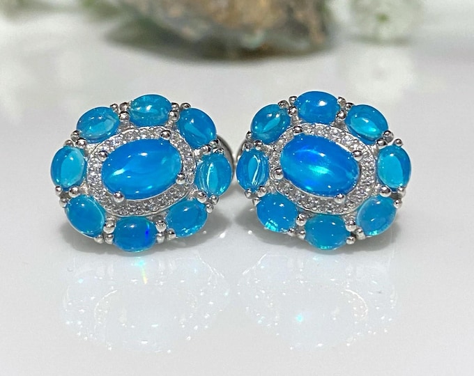 Vintage Sterling Silver Natural Oval cut Blue Opal & White Topaz Earrings.