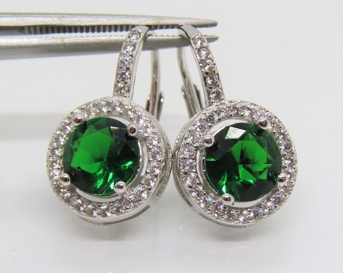 Vintage Sterling Silver Round cut Emerald & White Topaz Earrings