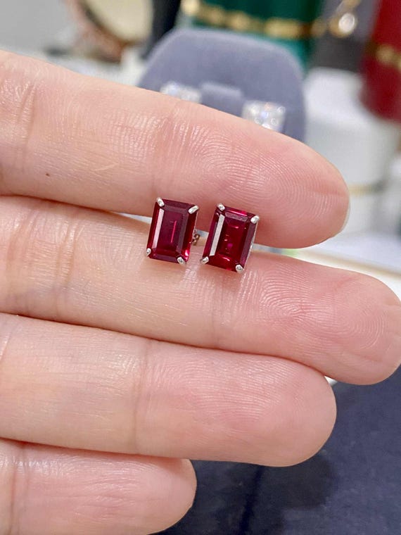 Vintage 14K Solid White Gold Rectangular Ruby Ear… - image 11