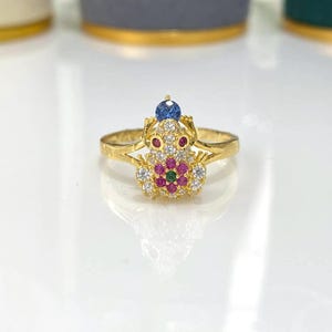 Vintage 15K Solid Yellow Gold Frog Ring, Emerald, Tanzanite, White Topaz, Ruby Eyes, Size 6.