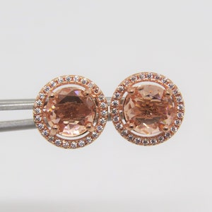 Vintage Sterling Silver Rose Gold Plated Morganite & White Topaz Halo Earrings