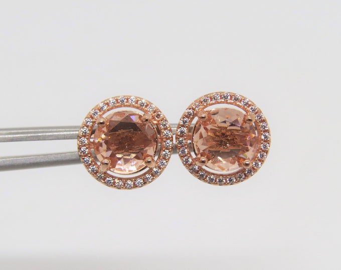 Vintage Sterling Silver Rose Gold Plated Morganite & White Topaz Halo Earrings