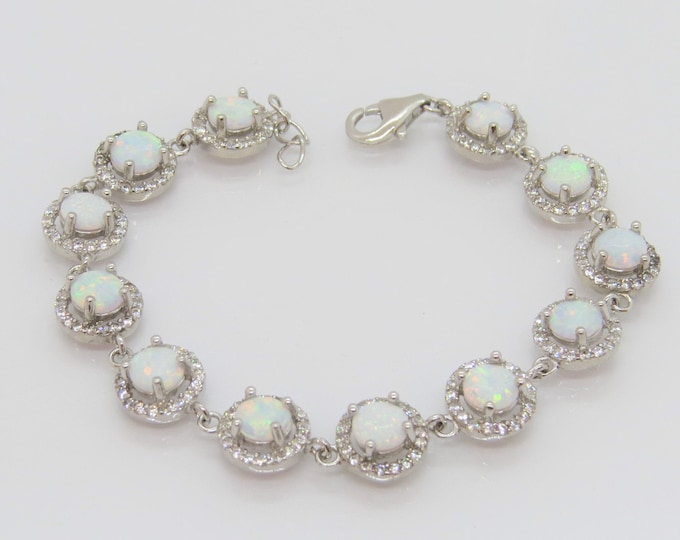 Vintage Sterling Silver White Opal & White Topaz Link Bracelet 7''