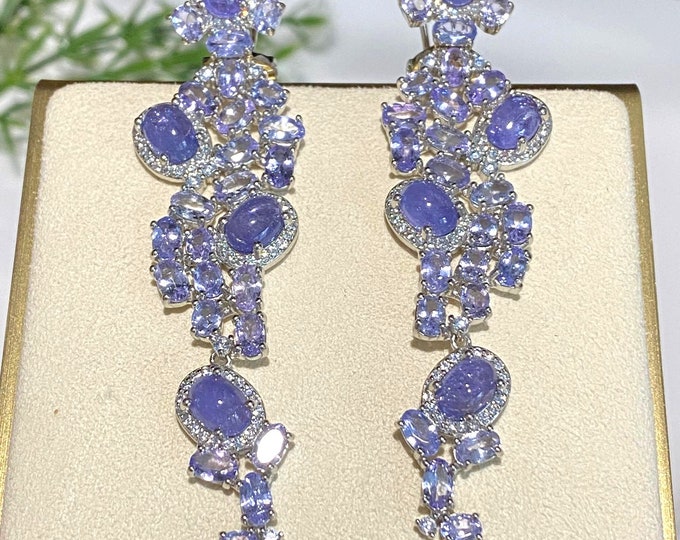 Vintage Sterling Silver Natural Tanzanite & White Topaz Dangle Earrings.