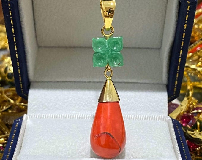 Vintage 14K Solid Yellow Gold Natural Red Coral & Green Jade Pendant.