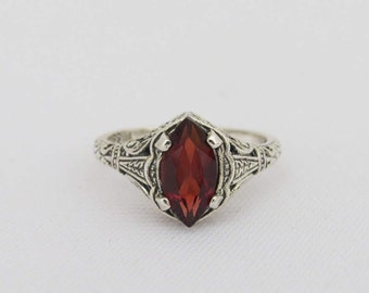 Sterling Silver Natural Garnet Filigree Ring Size 6