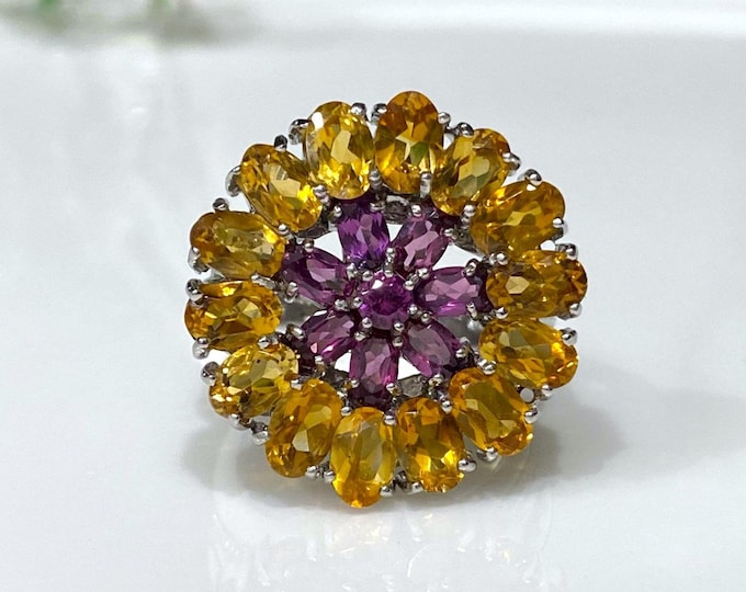 Vintage Sterling Silver Natural Rhodolite & Citrine Flower Ring Size 8.75