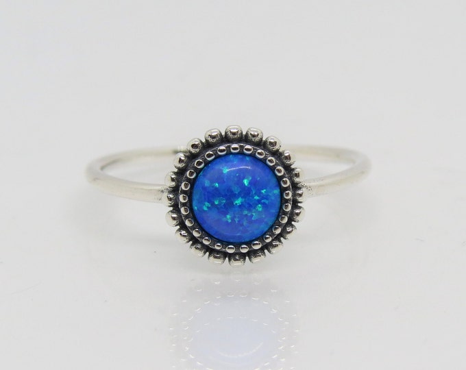 Vintage Sterling Silver Blue Opal Thin Band Ring Size 8
