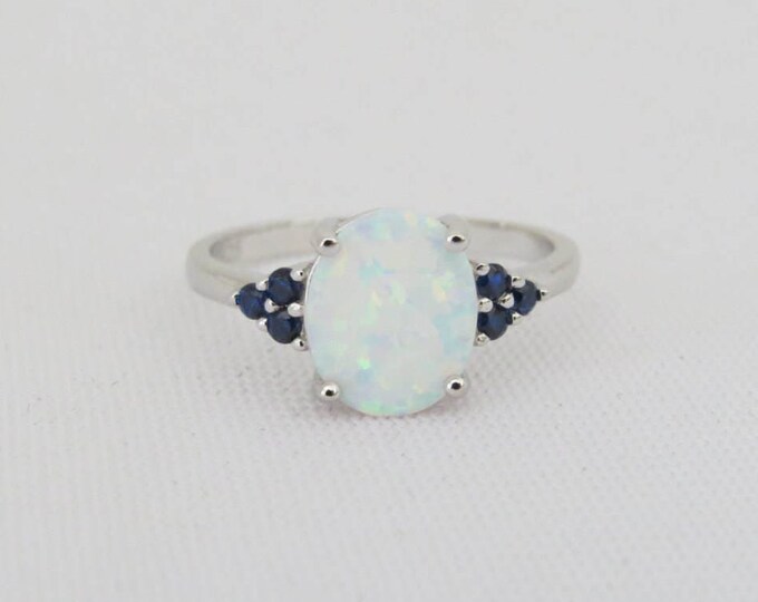 Vintage Sterling Silver White Opal & Blue Sapphire Ring Size 7