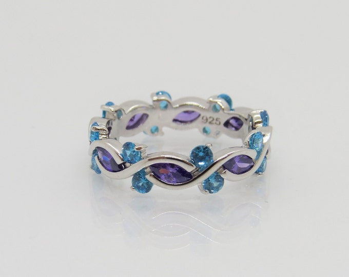 Vintage Sterling Silver Aquamarine & Amethyst Band Ring Size 9
