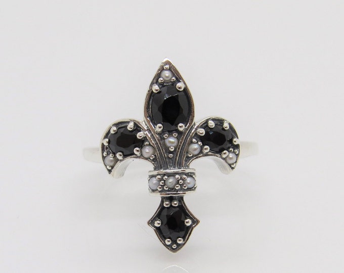 Vintage Sterling Silver Black Sapphire & Seed Pearl Fleur De Lis Ring Size 8