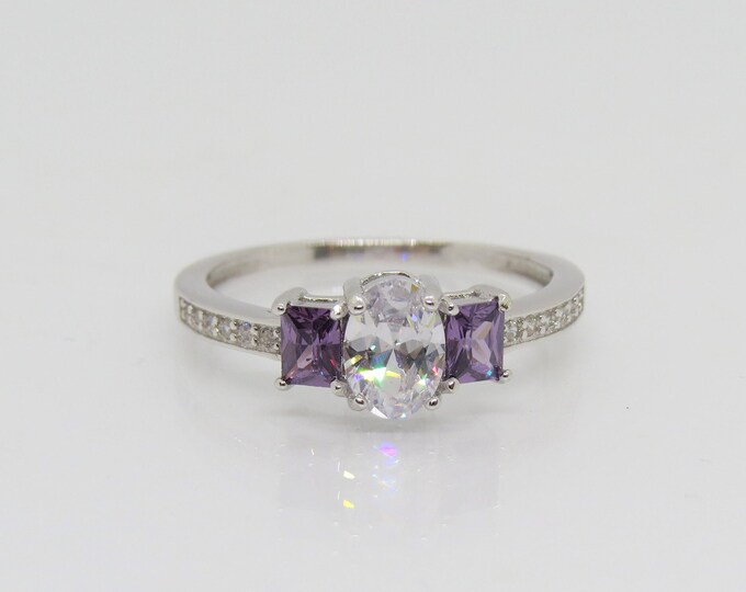 Sterling Silver White Topaz & Amethyst Cocktail Ring Size 6
