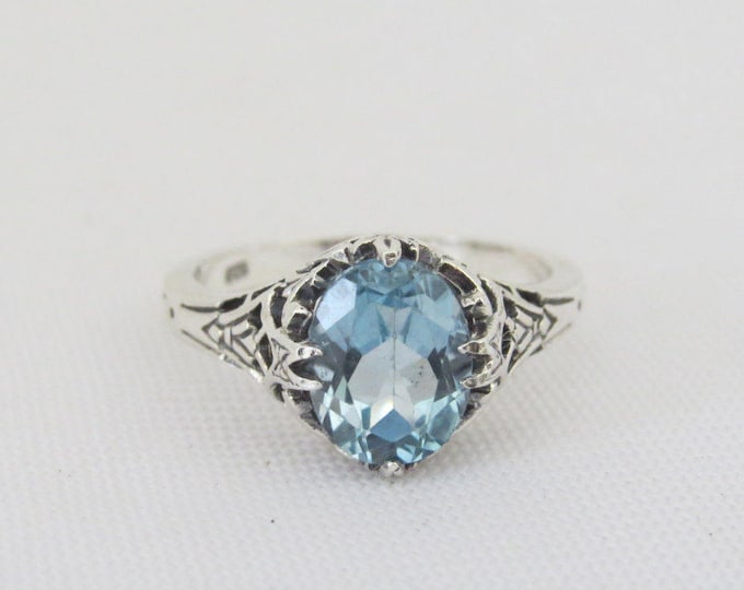 Vintage Sterling Silver Oval Aquamarine Filigree Ring Size 7