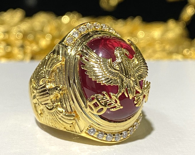 Vintage 15K 610 Yellow Gold Ruby Cabochon & White Topaz Eagle Men's Ring Size 9