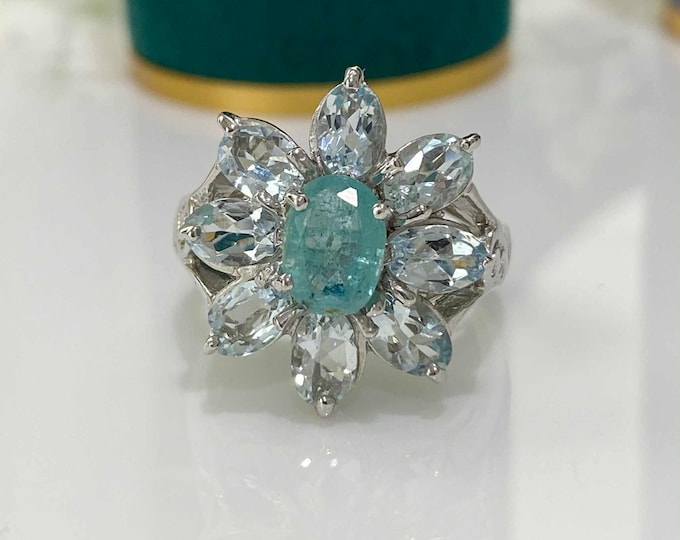 Vintage Sterling Silver Natural 1.21cts Emerald & Aquamarine Flower Ring Size 8 3/4