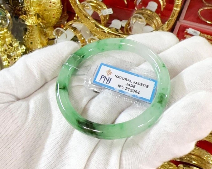 Vintage Translucent Natural Green, White & Black Jadeite Jade Bangle Bracelet 51.2MM
