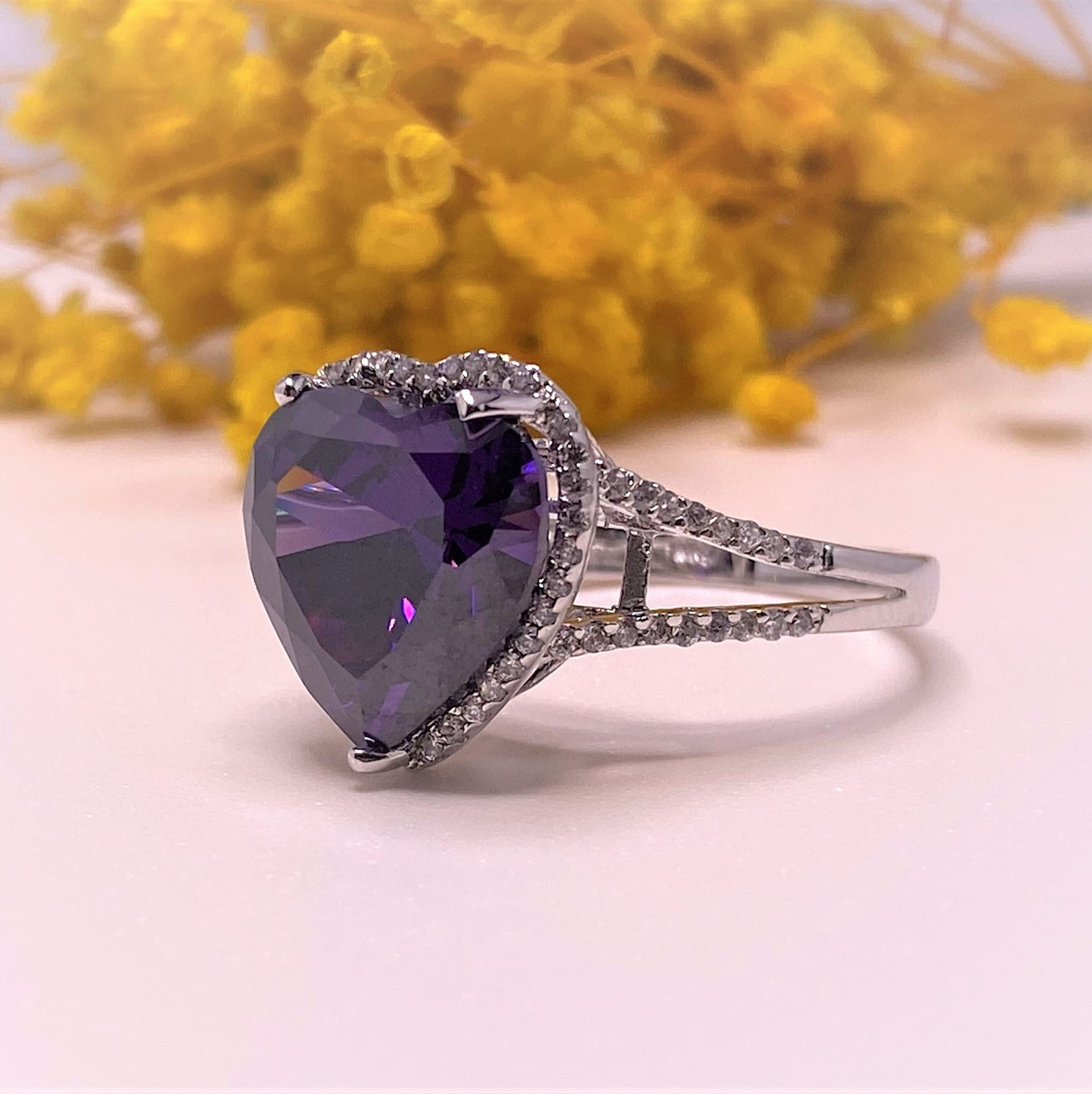 Heart-Shaped Amethyst Bypass Ring with Diamonds | Angara