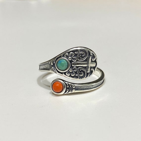 Vintage Sterling Silver Turquoise, Red Coral Cros… - image 1