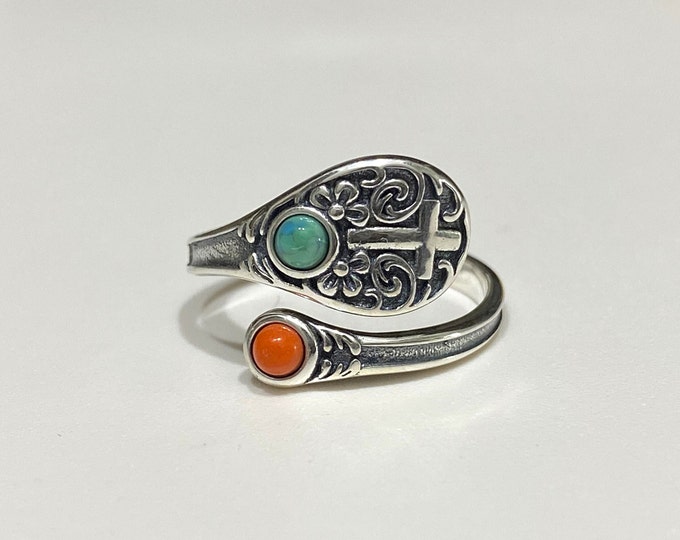 Vintage Sterling Silver Turquoise, Red Coral Cross Ring.