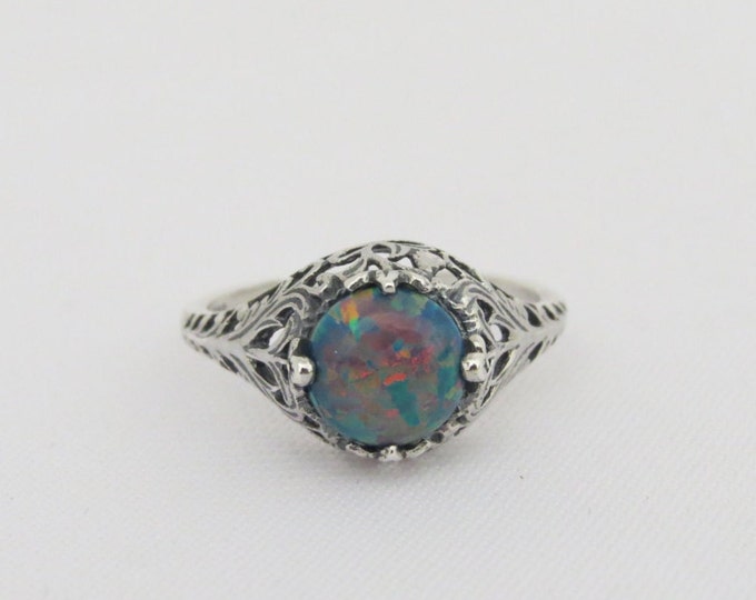Vintage Sterling Silver Black Opal Filigree Ring Size 10