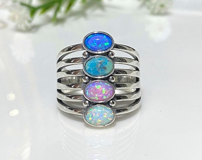 Vintage Sterling Silver Turquoise, Blue, Pink, White Opal Ring Size 8