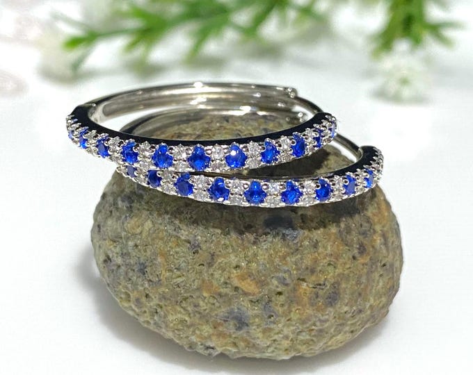 Vintage Sterling Silver Blue Sapphire & White Topaz Hoop Earrings 25MM