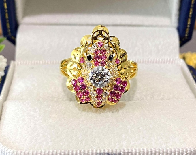 Vintage 15K Solid Gold Ruby & White Topaz, Black Sapphire Eye's Frog Ring Size 7.5
