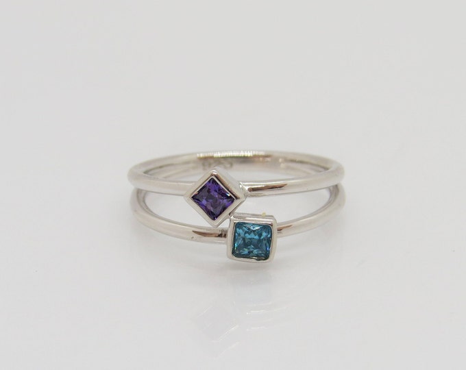 Sterling Silver Princess cut Amethyst & Aquamarine Ring Size 4
