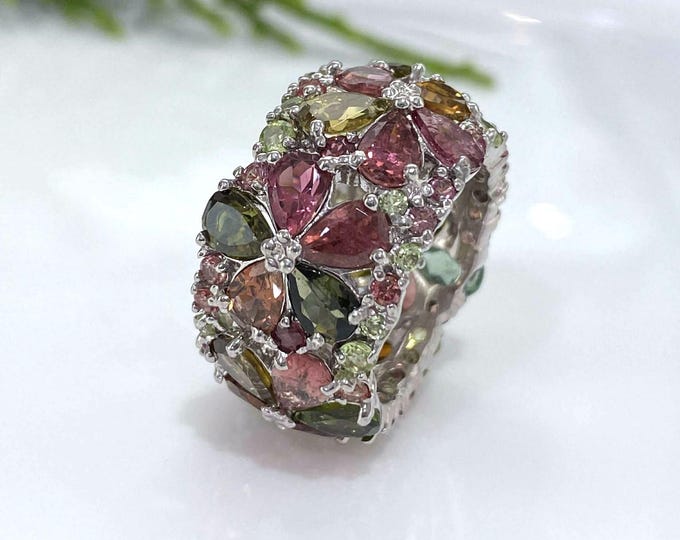 Vintage Sterling Silver Natural Multi Color Tourmaline Flower Band Ring Size 7