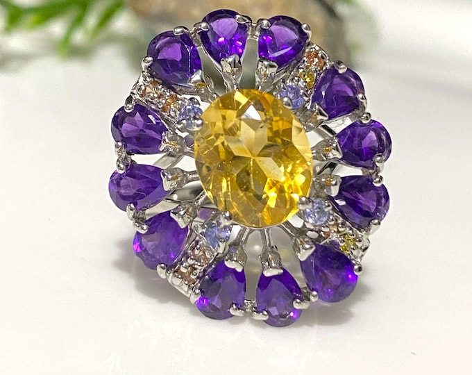 Vintage Sterling Silver Natural Citrine & Amethyst Ring Size 8.5