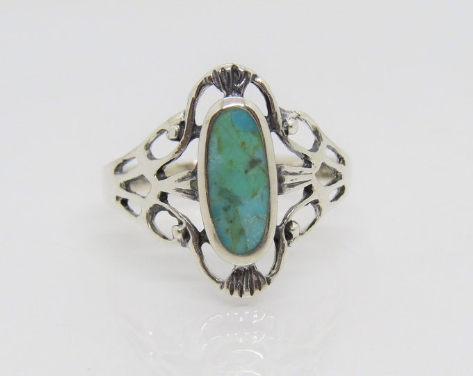 Vintage Sterling Silver Natural Turquoise Filigree Ring Size 5