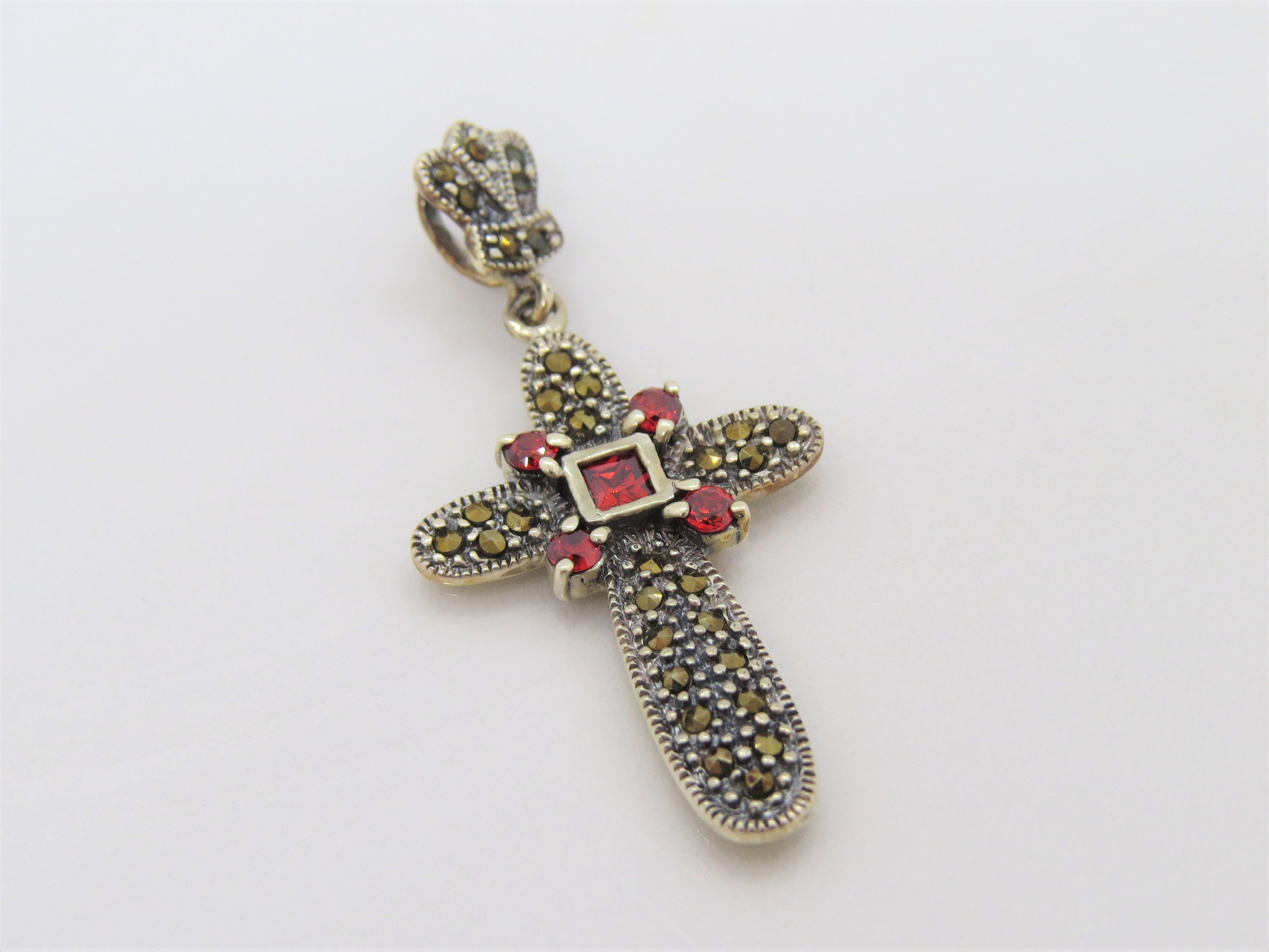 Vintage Sterling Silver Garnet & Marcasite Cross Pendant - Etsy
