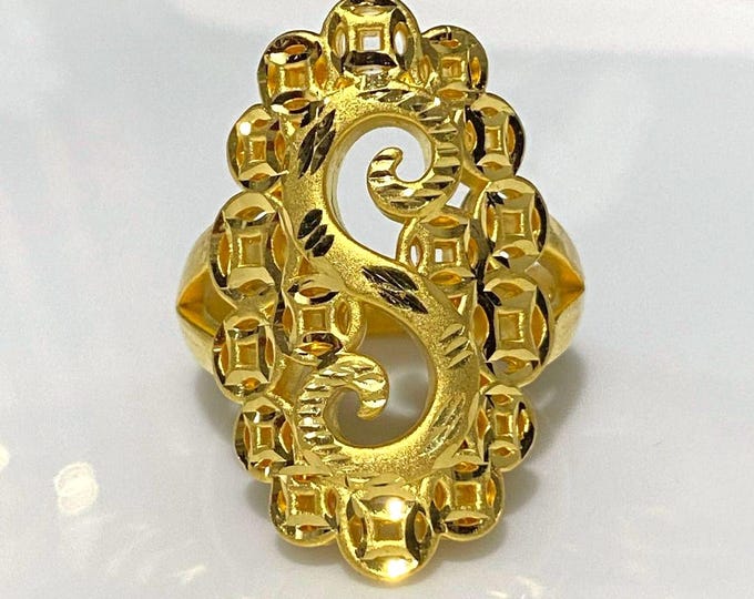 24K 999 Pure Gold Filigree Vintage Long Ring Size 7