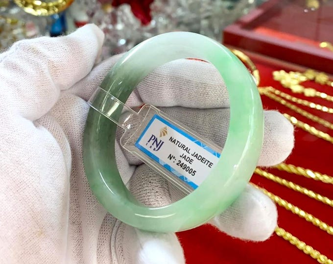 Vintage Translucent Natural Green, White Jadeite Jade Bangle Bracelet 53MM
