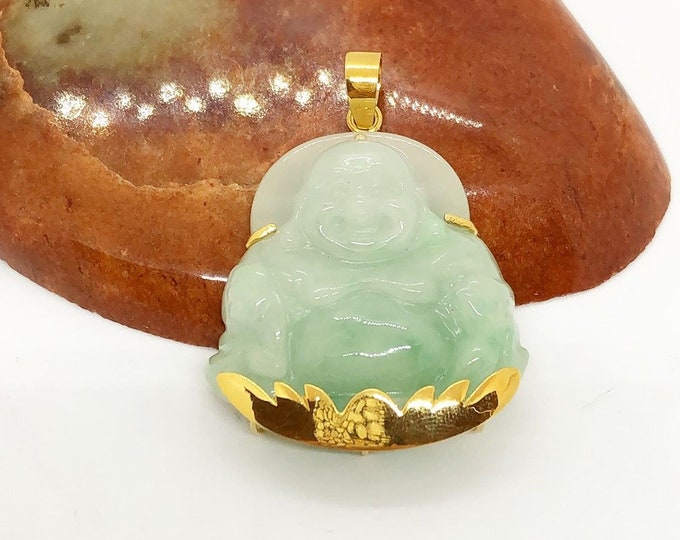 Vintage 18K Solid Yellow Gold Green, White Jadeite Jade Laughing Buddha Pendant
